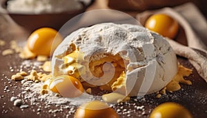 Flour amd yolks during preparing dough, ai