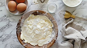 The flour in bowl, egg, milk and whip for beating.