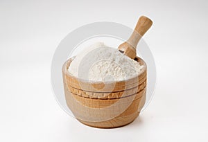 Flour in bowls and bags isolated on a white background. High quality photo