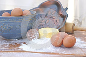 Flour, Butter, and Eggs with Rolling Pin