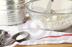 Flour, butter, sugar with vintage baking equipment