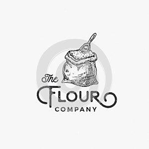 Flour Company Abstract Vector Sign, Symbol or Logo Template. Flour Bag or Sack with Scoop Sketch Drawing and Retro