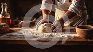 flour cook pastry baker kitchen food hands chef dough knead. Generative AI.