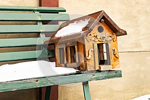 Snowy Bird House on Bench