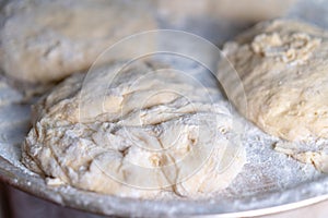 Flour dough sprinkled on a tray