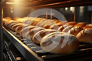 Flour dusted bakery conveyor rolls out a tempting array of fresh bread