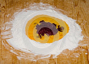 Flour and egg on dough preparation with turnips