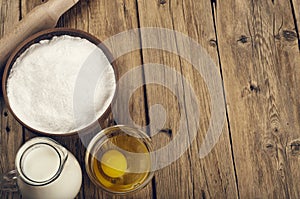 Flour, egg, milk. Ingredients for cooking flour products or doug