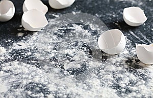 Flour and egg shels, baking background