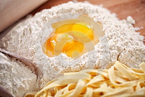 Flour and eggs as ingredients for making pasta dough