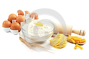 Flour, eggs, pasta, baking ingredients for cooking.