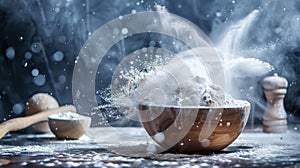 Flour Explosion in Metal Bowl with Baking Ingredients