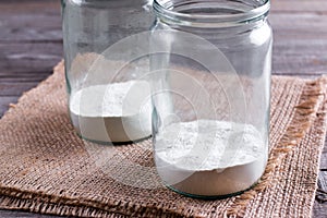 Flour in a jar. Mixing of ingredients for cookies in a jar