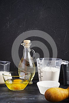 Flour with kitchen accessories for making dough. Dough for baking