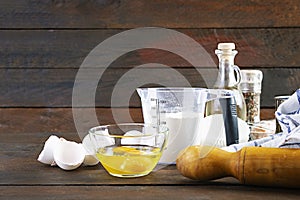 Flour with kitchen accessories for making dough. Dough for baking