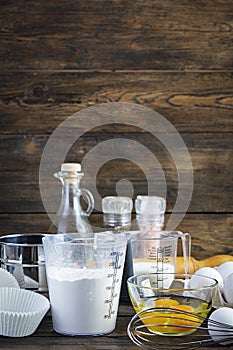 Flour with kitchen accessories for making dough. Dough for baking