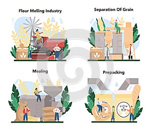 Flour melling industry set. Modern grain processing industrial factory