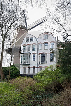 Flour mill and old residential houses in Gouda, Netherlands