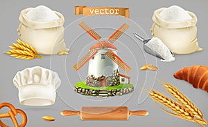 Flour. Mill, wheat, bread and chef hat. Vector icon set