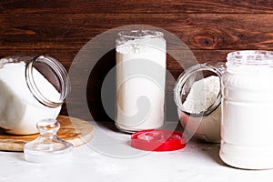 Flour and other kitchen utensils. The concept of simple healthy