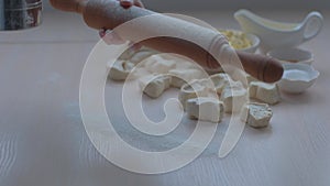Flour is poured on rolling pin space for text short video about cooking blog cooking show ad content ingredients and