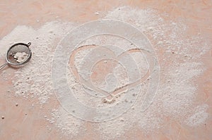 Flour scattered on the table top view