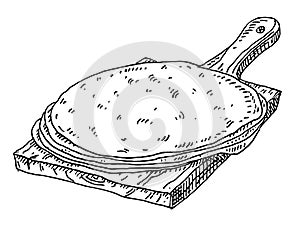 Flour and single tortillas. Vintage hatching black illustration.