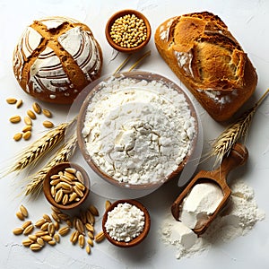 Flour, wheat, bread and other ingredients on a white background