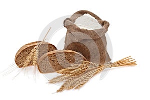 Flour and wheat grain with bread