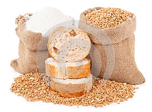 Flour and wheat grain with bread