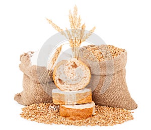 Flour and wheat grain with bread