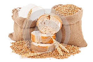 Flour and wheat grain with bread