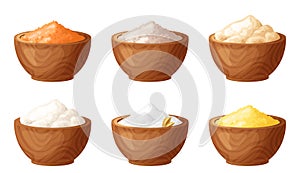 Flour in wooden bowl. Set of gluten free powder in organic product. Healthy organic food. Vector illustration isolated