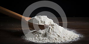 Flour In Wooden Spoon On Wood Table With White Wheat Powder Heap Around. Front View Of Baking Starch Pile Over Dark