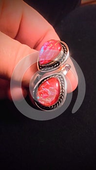 Flourecent Coral Gemstones set in Sterling Silver Bendable Ring