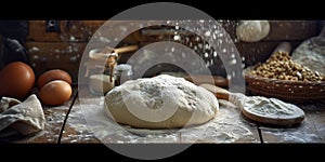 Floured dough on table, flour in air