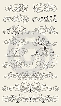 Flourish calligraphic design elements set. Page decoration symbols to embellish your layout. Linear collection of