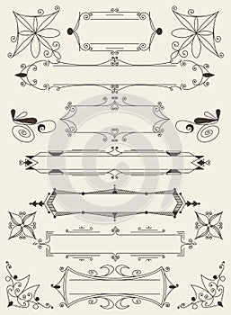 Flourish calligraphic design elements set. Page decoration symbols to embellish your layout. Linear collection of