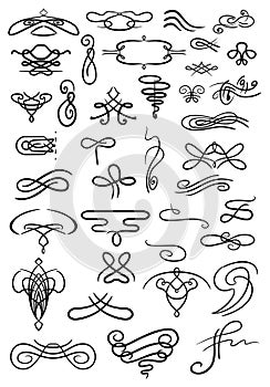 Flourish calligraphic design elements. Vintage swirls and scrolls for page decoration. Ornate symbols for retro design