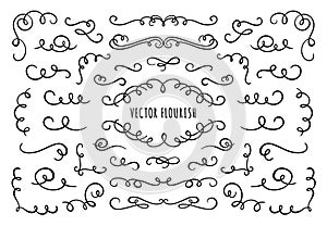 Flourish frame, corners and dividers. Decorative flourishes corner, calligraphic divider and ornate scroll swirls vector