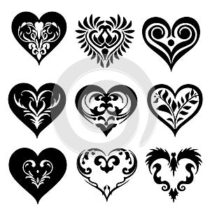Flourish heart design elements for Valentines day concept. Decorative hearts shapes for gift cards, engraving and