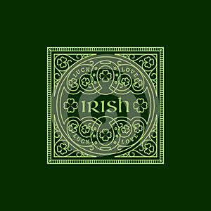 Flourish irish label with clover leaves and horseshoes