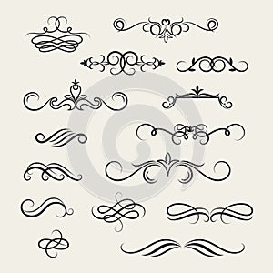 Flourish scroll vector design elements. Victorian ornate decorative swirl signs isolated on white background