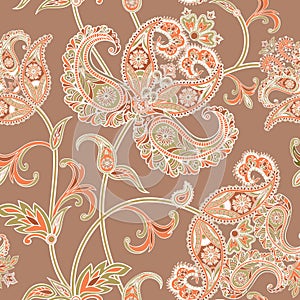 Flourish tiled pattern. Floral oriental ethnic background. Arabic ornament with fantastic flowers and leaves. Wonderland motives