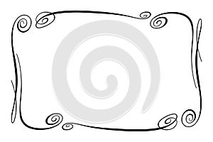 Flourish Vector Frame. Rectangle with squiggles, twirls and embellishments for image and text elements. Hand drawn black