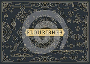 Flourishes calligraphic vintage ornamental background. Golden ornate page with swirls and vignettes elements. Frame