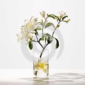 Flourishing Botanicals: Glass Vase With White Flower In Ed Freeman Style photo