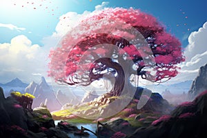 Flourishing Spring magic tree. Generate Ai photo