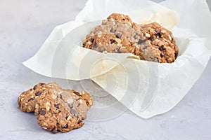 Flourless gluten free peanut butter, oatmeal and chocolate chips cookies, horizontal