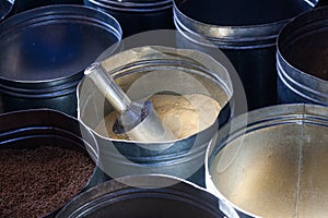 Flours and lentils at a stall in the souks of Marrakesh